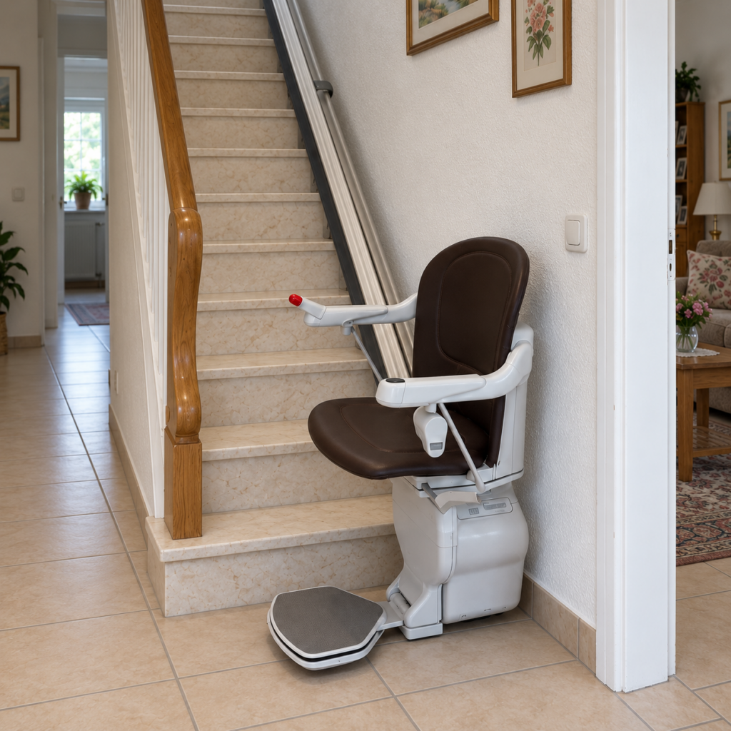 Moderner Treppenlift an einer geraden Treppe